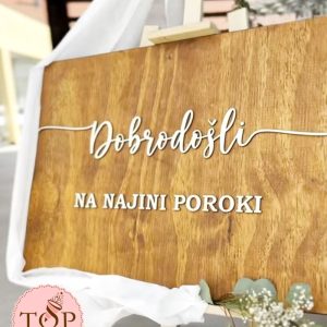 Izposoja lesenih tabel dobrodošlice z napisom dobrodošli na najini poroki.