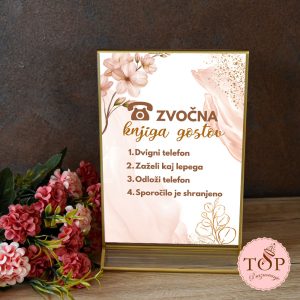 Romantičen napis za zvočno knjigo gostov z roza in zlatimi cvetovi