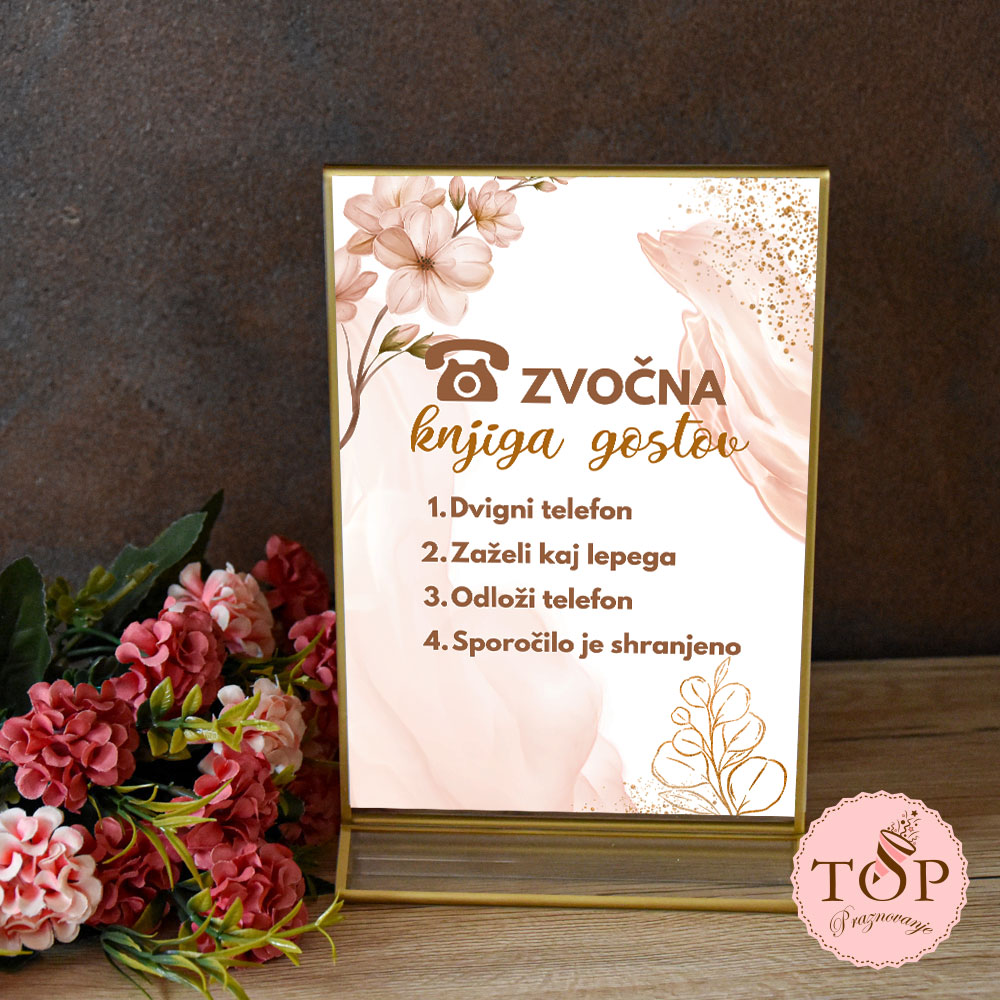 Romantičen napis za zvočno knjigo gostov z roza in zlatimi cvetovi