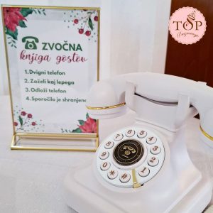 Napis navodila za uporabo zvočne knjige gostov retro telefona. Izposoja TopPraznovanje.