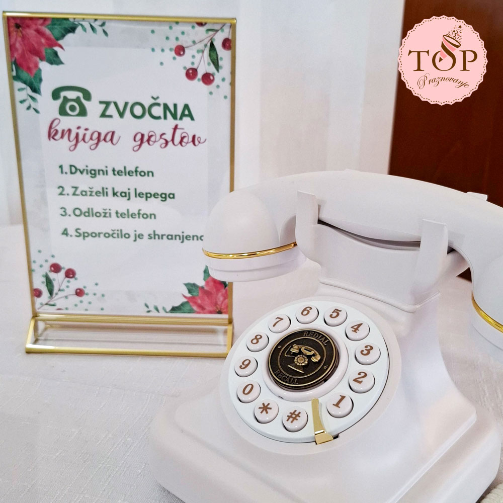 Napis navodila za uporabo zvočne knjige gostov retro telefona. Izposoja TopPraznovanje.