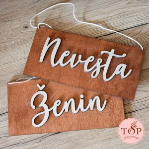 Lesen napis za stol "Ženin" in "Nevesta" z vrvico za obešanje.