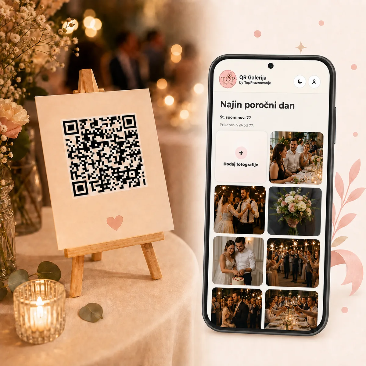 QR Galerija za poroke in dogodke za zbiranje fotografij in videov gostov